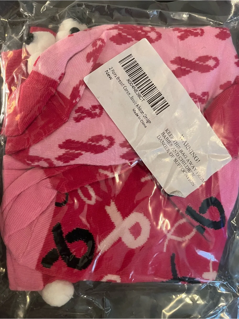 Cute Funny Pink Ribbon Breast Cancer Awareness Crew Socks - 2 Pair - Magnetic